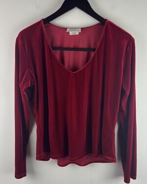 Vtg SOFT SURROUNDINGS Top Womens L Red Velvet V Neck Long Sleeve USA